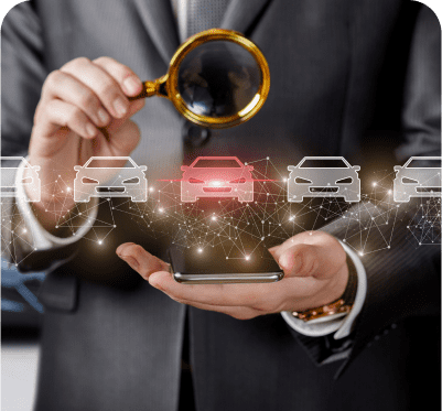 Person analyzing digital car network with magnifying glass.