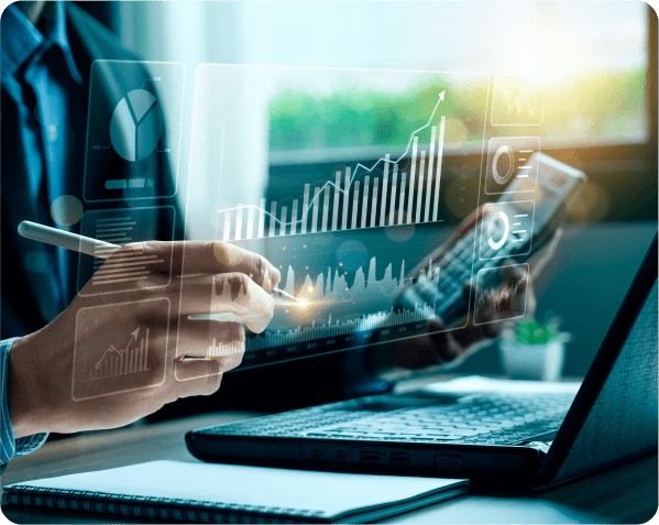 Businessman analyzing digital financial data graphs.